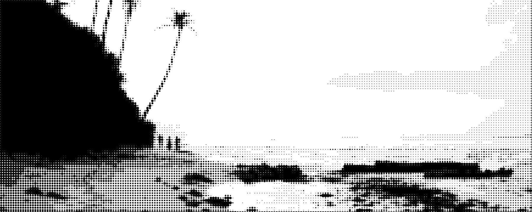 Halftone-Artwork: Palmen an einem Strand, Menschen an der Wasserlinie